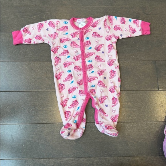Baby Steps Other - Designer From Denny’s! Baby Steps Pink Footed One-Piece with Sneaker Print